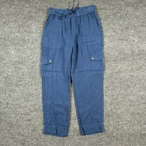 C&C California Cargo Pants Womens M Blue 100% Linen Pull On High Rise